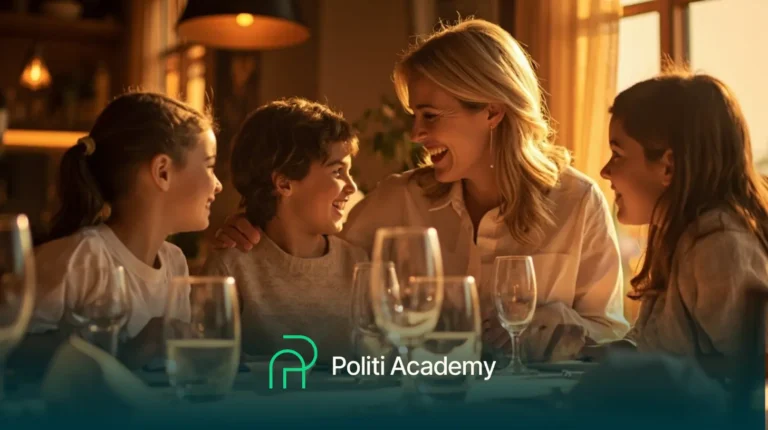 Uma mulher e três crianças sentadas em uma mesa de jantar, sorrindo e conversando juntas; o logotipo e o nome da Politi Academy aparecem na parte inferior da imagem.