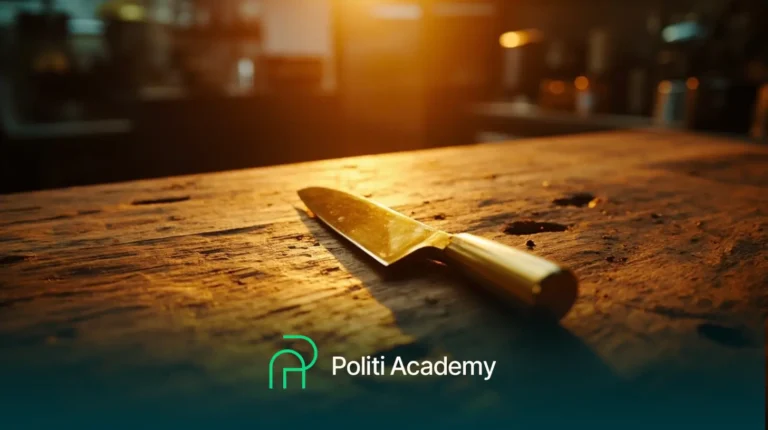 Uma faca de cozinha descansa em uma bancada de madeira com iluminação quente. O logotipo e o texto da "Politi Academy" aparecem na parte inferior da imagem.