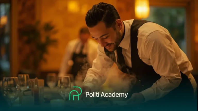 Um garçom em um restaurante mal iluminado coloca um prato em uma mesa, com o logotipo e o nome da Politi Academy exibidos na parte inferior da imagem.