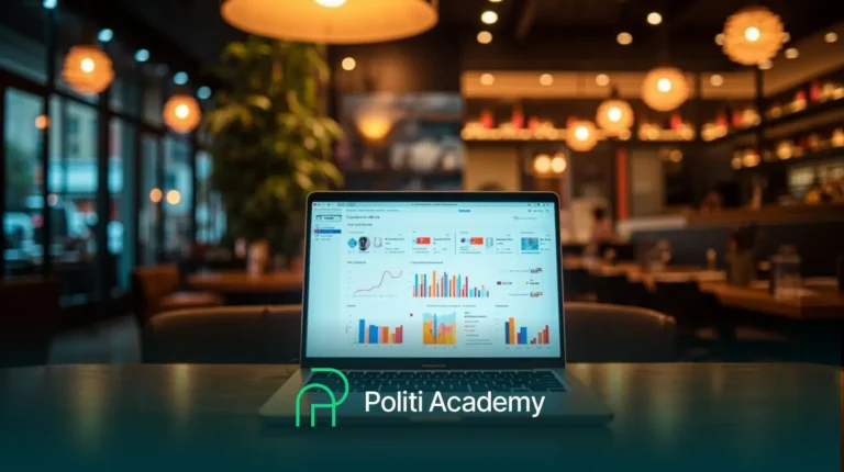 Um laptop exibindo gráficos de análise de dados está sobre uma mesa em um café moderno e bem iluminado; o logotipo da "Politi Academy" está visível em primeiro plano.