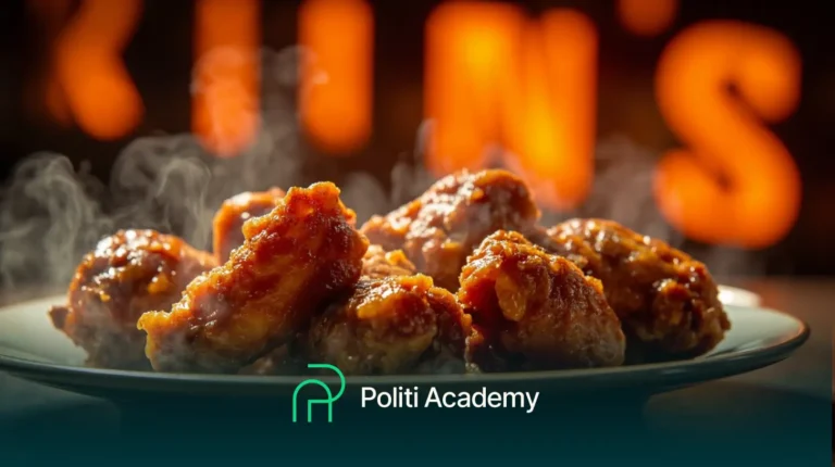 Um prato de asas de frango glaceadas fumegantes é mostrado em foco, com o logotipo da Politi Academy e o texto de fundo laranja desfocado atrás.