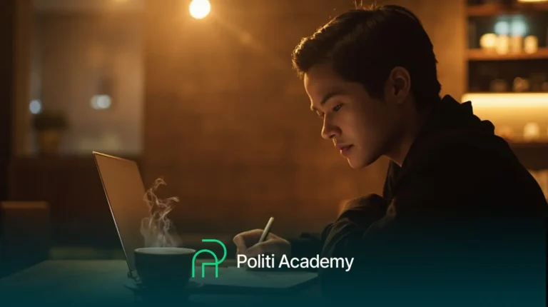 Uma pessoa sentada em uma mesa escrevendo em um caderno enquanto olha para um laptop, com uma xícara fumegante por perto. As palavras "Politi Academy" e um logotipo aparecem na parte inferior da imagem.