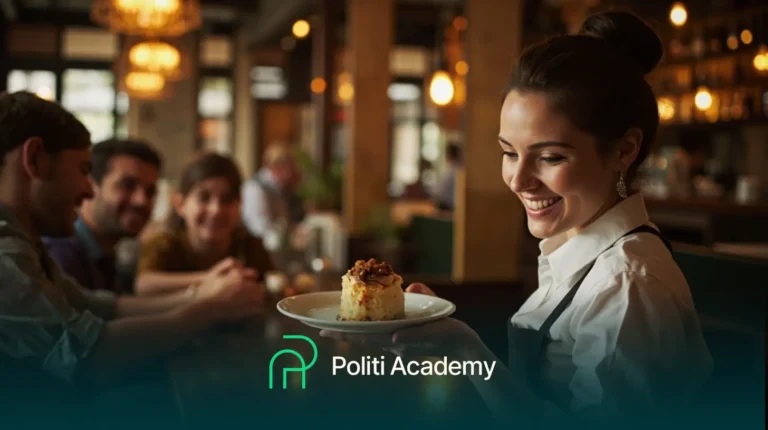 Um garçom sorridente apresenta uma sobremesa aos clientes sentados em um restaurante com iluminação aconchegante. O logotipo e o texto da Politi Academy são exibidos na parte inferior.