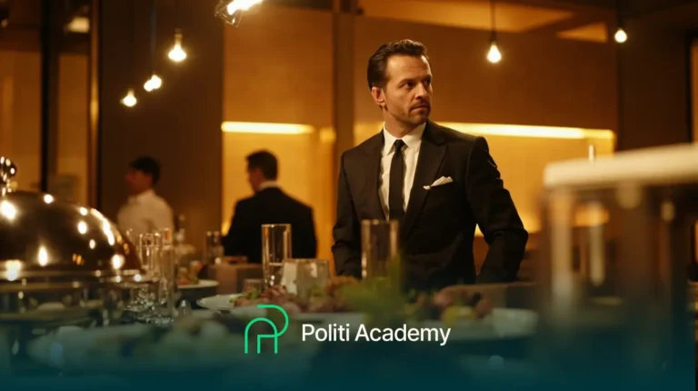 Um homem de terno preto está em uma mesa de banquete com alimentos e bebidas, com o logotipo da Politi Academy visível em primeiro plano.