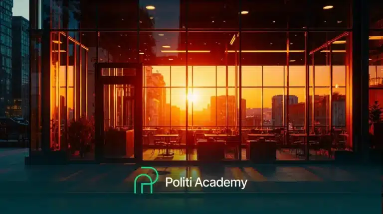 Vista do pôr do sol através de grandes janelas de vidro de um edifício moderno com mesas e cadeiras vazias; o logotipo e o texto "Politi Academy" são exibidos na parte inferior.