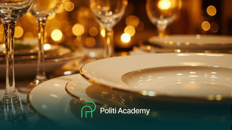 Close-up de pratos elegantes com detalhes dourados e copos em uma mesa, com luzes quentes e desfocadas ao fundo. O logotipo da "Politi Academy" é visível na parte inferior.