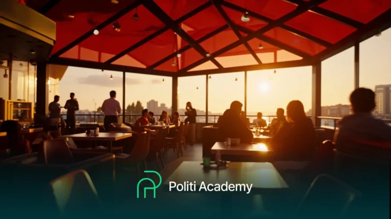 Pessoas sentadas e conversando em mesas de um moderno café com paredes de vidro durante o pôr do sol. O logotipo e o texto da Politi Academy são exibidos na parte inferior da imagem.