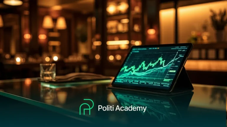 Um tablet exibindo um gráfico financeiro fica em uma mesa de vidro em uma sala pouco iluminada, com o logotipo e o nome da Politi Academy na parte inferior da imagem.