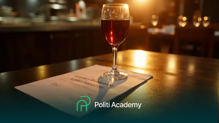 Uma taça de vinho tinto em um documento sobre uma mesa em um restaurante mal iluminado, com o logotipo da Politi Academy na parte inferior da imagem.