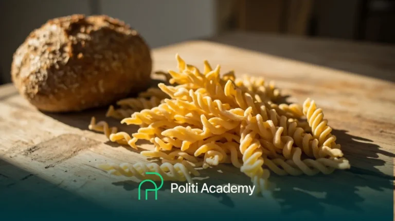 Uma pilha de macarrão fusilli cru e um pãozinho com sementes estão sobre uma superfície de madeira; o logotipo da Politi Academy está visível na parte inferior.