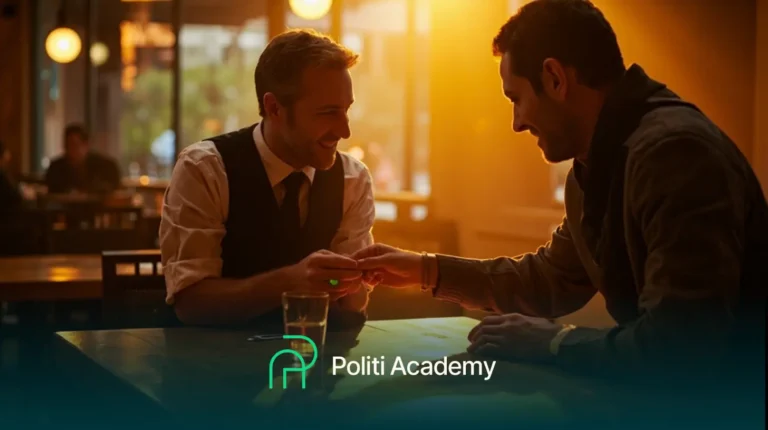 Dois homens sentados um em frente ao outro em uma mesa de um café com iluminação quente, conversando. O texto "Politi Academy" é exibido na parte inferior da imagem.