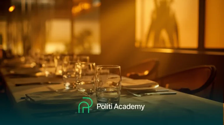 Uma mesa de jantar posta com copos e pratos em um restaurante bem iluminado; o logotipo da "Politi Academy" é exibido na parte inferior.