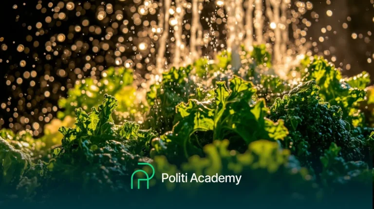 Close-up de vegetais de folhas verdes sendo regados, com a luz do sol iluminando as gotas de água. O logotipo da Politi Academy aparece na parte inferior da imagem.