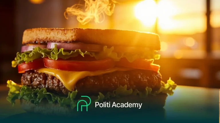 Um cheeseburger com alface, tomate, cebola e pão torrado em uma mesa com vapor subindo, sol brilhando através de uma janela e o logotipo da "Politi Academy" em primeiro plano.