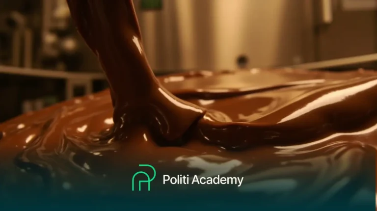 Um fluxo de chocolate derretido é derramado em uma superfície plana, criando uma camada lisa. O logotipo da Politi Academy é exibido na parte inferior da imagem.
