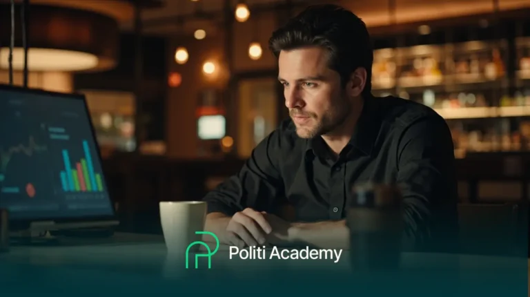 Um homem em uma sala mal iluminada olha para uma tela de computador que exibe gráficos, com uma xícara de café por perto. O texto "Politi Academy" e seu logotipo aparecem na parte inferior.
