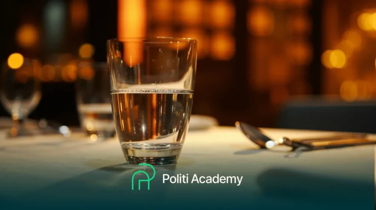 Um copo de água em uma mesa de jantar posta com talheres, com o logotipo e o nome da Politi Academy na parte inferior.