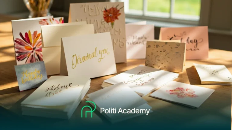 Uma coleção de cartões comemorativos com desenhos florais e caligrafia está disposta em uma mesa, com a luz do sol entrando por uma janela. O logotipo da "Politi Academy" está na parte inferior da imagem.