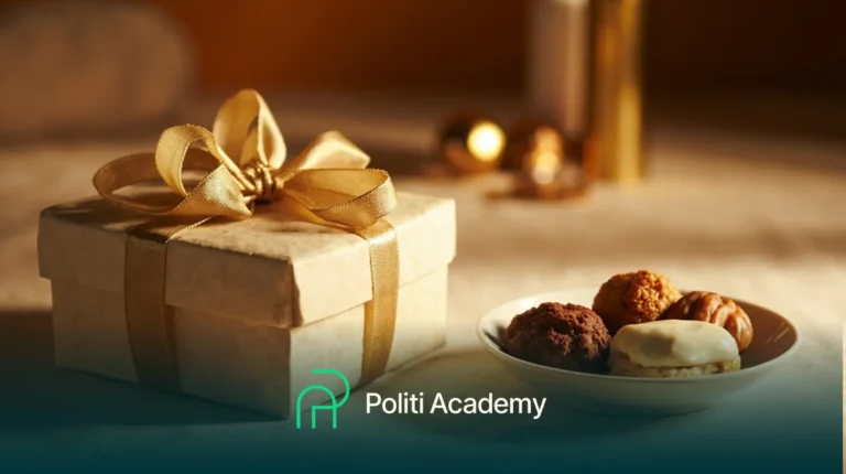 Uma caixa de presente embrulhada com uma fita dourada fica ao lado de um prato de biscoitos variados, com o logotipo da Politi Academy na parte inferior da imagem.