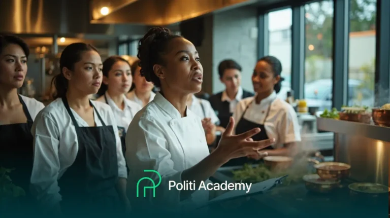 Um grupo de chefs uniformizados em uma cozinha moderna, ouvindo uma mulher falar e gesticular com a mão. O logotipo da Politi Academy aparece na parte inferior.