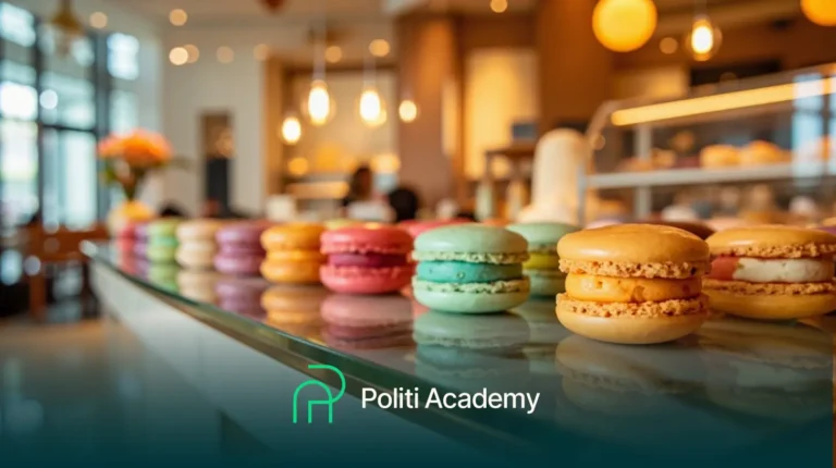 Uma fileira de macarons coloridos expostos em um balcão de vidro em uma padaria, com o logotipo e o texto da Politi Academy na parte inferior.