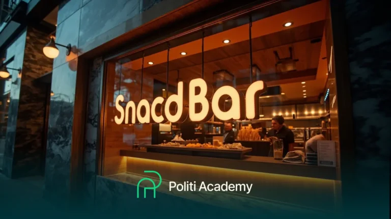 Uma lanchonete bem iluminada com pessoas trabalhando atrás do balcão, vista por uma grande janela. O logotipo da Politi Academy está na parte inferior da imagem.