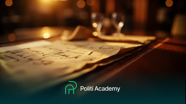 Um close-up de papéis escritos à mão em uma mesa com dois óculos embaçados ao fundo; o logotipo e o texto "Politi Academy" aparecem na parte inferior.