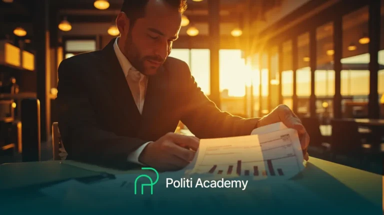 Um homem de terno analisa gráficos financeiros em uma mesa durante o pôr do sol; o logotipo e o texto da Politi Academy aparecem na parte inferior da imagem.