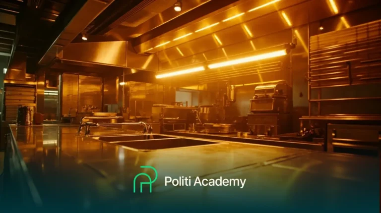Uma cozinha moderna e industrial com equipamentos de aço inoxidável e iluminação amarela; o logotipo e o nome da Politi Academy são exibidos na parte inferior.