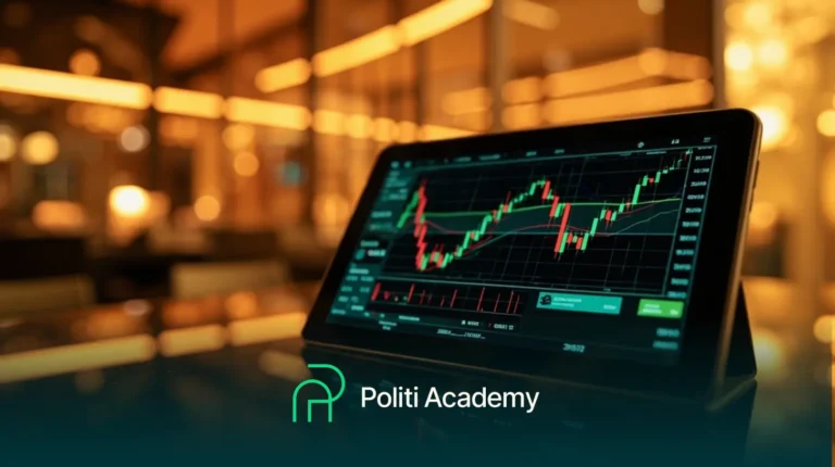 Um tablet exibindo um gráfico de ações financeiras com tendências de alta está sobre uma mesa em uma sala pouco iluminada; o logotipo da Politi Academy está visível.