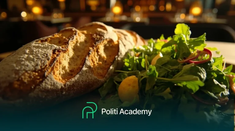 Um pão rústico e uma salada verde fresca são colocados em uma mesa; o logotipo da Politi Academy aparece na parte inferior da imagem.