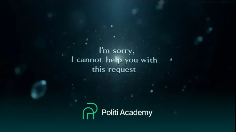 O texto "I'm sorry, I cannot help you with this request" aparece acima do logotipo da Politi Academy em um fundo escuro e cheio de partículas.