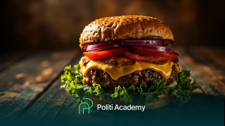 Um cheeseburger com alface, tomate, cebola e bacon em um pão com gergelim sobre uma superfície de madeira. O texto e o logotipo da "Politi Academy" estão na parte inferior da imagem.