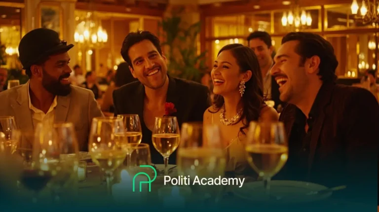 Quatro pessoas em trajes formais sentadas em uma mesa com taças de vinho, sorrindo e rindo em um ambiente elegante e bem iluminado. O logotipo da "Politi Academy" é exibido na parte inferior.