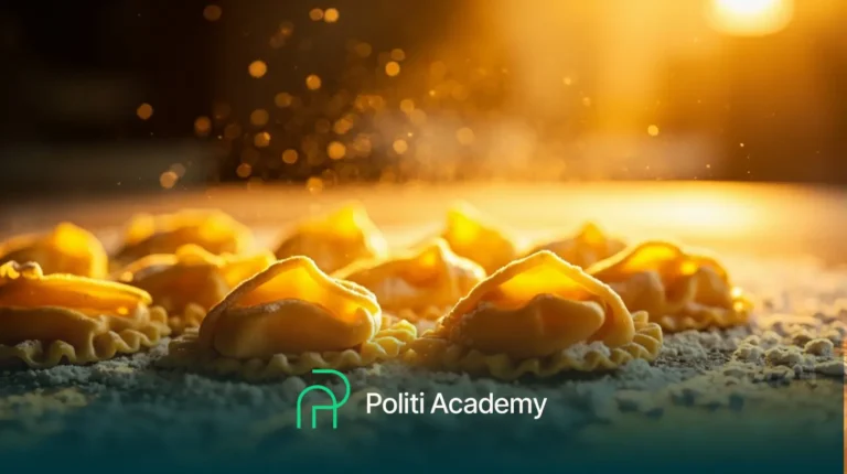 Ravióli recém-feito em uma superfície enfarinhada, iluminado pela luz quente do sol, com o logotipo e o nome da Politi Academy na parte inferior da imagem.