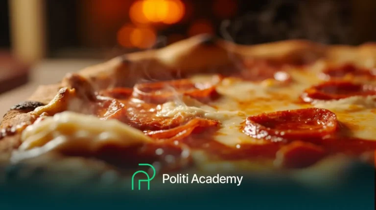 Close-up de uma pizza de pepperoni quente com queijo derretido e vapor subindo, com o logotipo e o texto da Politi Academy exibidos na parte inferior.