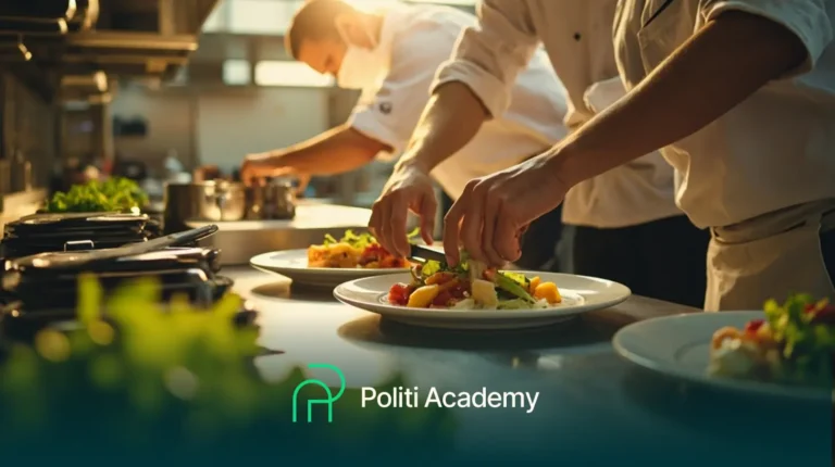 Chefs em uma cozinha profissional preparam e servem pratos, com o logotipo e o nome da Politi Academy exibidos na parte inferior da imagem.