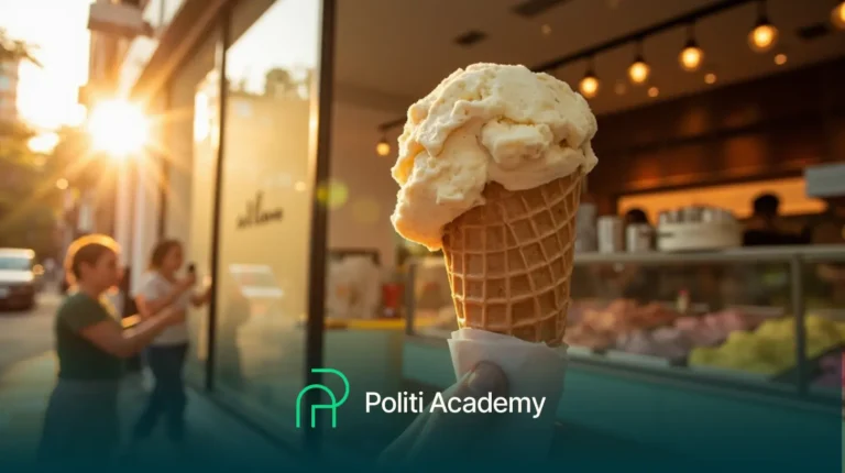 Uma mão segura uma casquinha de sorvete do lado de fora de uma loja ao pôr do sol, com pessoas e uma vitrine de sorvetes visíveis ao fundo. O logotipo da Politi Academy está sobreposto na parte inferior.