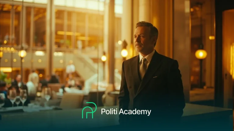 Um homem de terno em um restaurante moderno e sofisticado com clientes ao fundo. O logotipo da "Politi Academy" está visível na parte inferior.