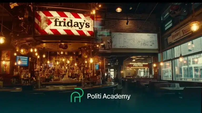 Interior de um restaurante TGI Friday's com um letreiro iluminado acima do bar, várias garrafas nas prateleiras e cabines vazias. O logotipo e o texto da Politi Academy estão sobrepostos na parte inferior.