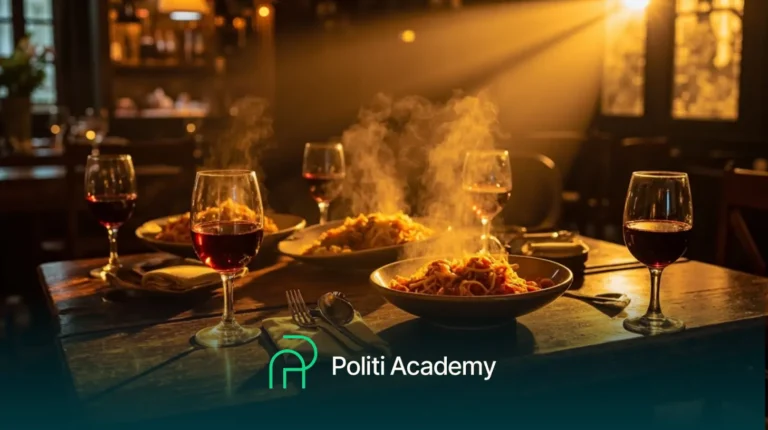 Uma mesa de restaurante com pratos de macarrão fumegante e taças de vinho tinto, com iluminação quente e o logotipo da Politi Academy ao fundo.