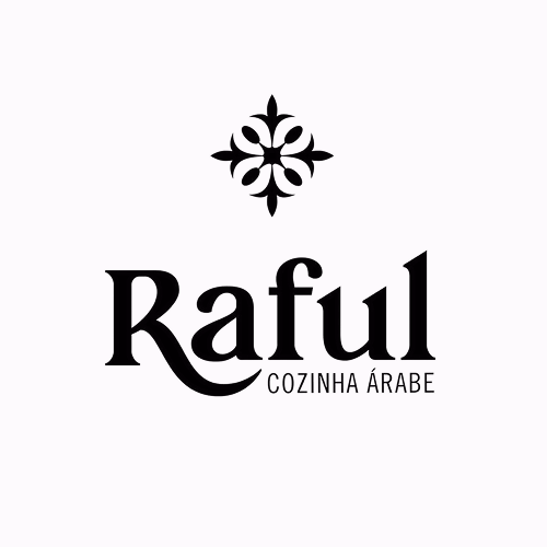 O logotipo do "Raful Cozinha Árabe" apresenta um desenho geométrico decorativo em preto acima do nome do restaurante em negrito sobre um fundo branco.
