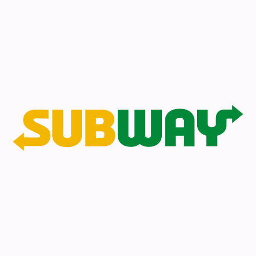 Logotipo do Subway com a palavra "SUBWAY" em letras amarelas e verdes, com setas nas extremidades do "S" e do "Y" apontando para a esquerda e para a direita.